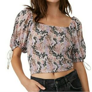 Free People Purple Multi Smocked Floral Print Puff Sleeve Square Neck Crop Top